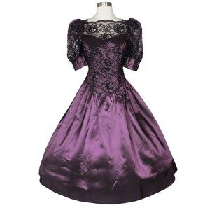Vintage 80s Purple Maroon Black Lace Puff Sleeve Full Skirt Prom Party Dress M